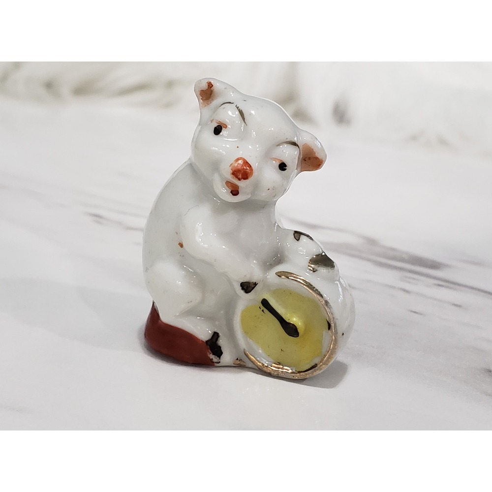 VINTAGE JAPAN MINIATURE PIG DRUM BAND TRINKET BONE CHINA PORCELAIN BEAR